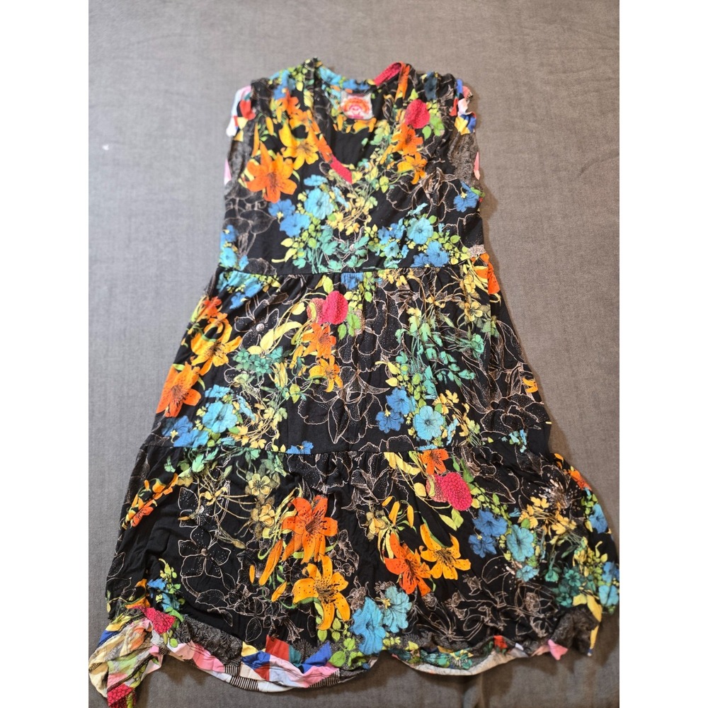 Johnny Was Dress Women Medium Black Colorful Floral Nero Sequenced Tiered Boho